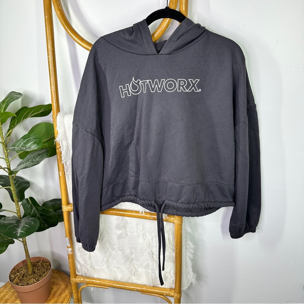 HOTWORX Grey Cropped Cinched Hoodie Sweatshirt sz L/XL